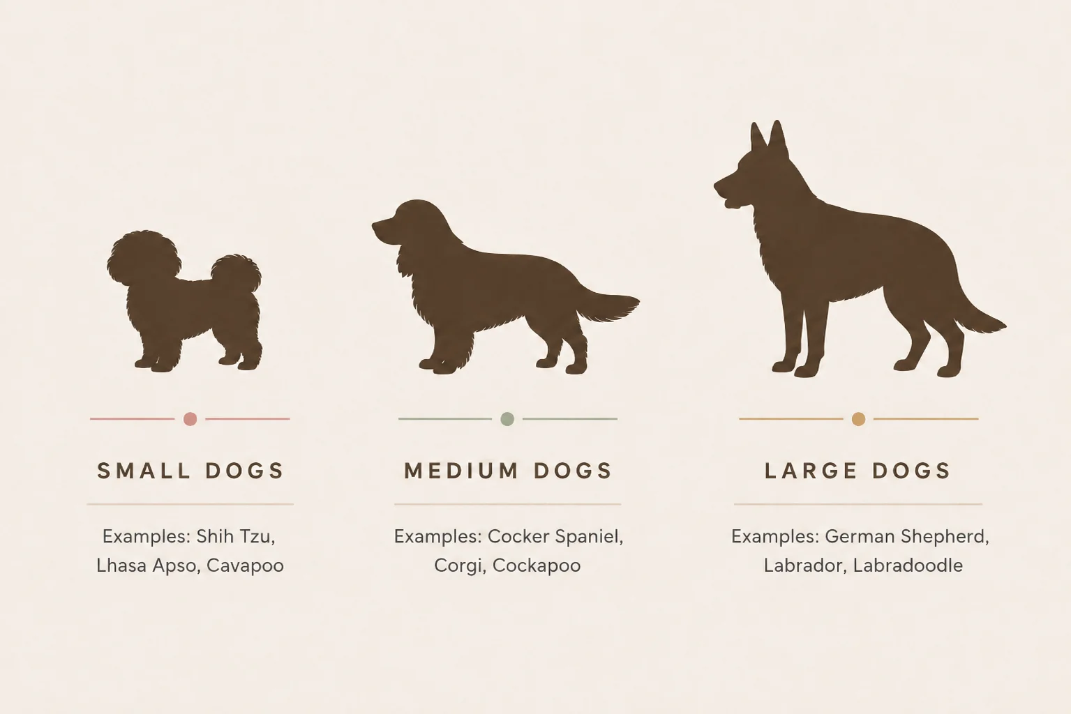 Dog size guide with silhouettes: small dogs such as Shih Tzu, Lhasa Apso and Cavapoo; medium dogs such as Cocker Spaniel, Corgi and Cockapoo; large dogs such as German Shepherd, Labrador and Labradoodle.